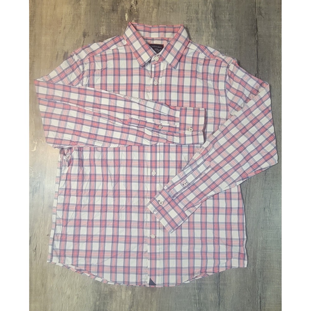 UNTUCKit Tour De Paz Mens Large Pink Blue Plaid Nylon Spandex Button Down Shirt